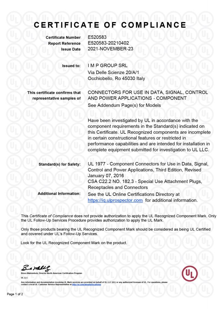 ulcertificatematenlockterminalsandconnectors1 IMP GROUP